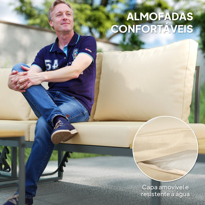 Conjunto de Móveis de Jardim Sofás de Exterior em Forma de L com 2 Sofás de 3 Lugares Assento Ajustável e Mesa de Madeira de Acácia Versátil com Almofadas Bege e Cinza
