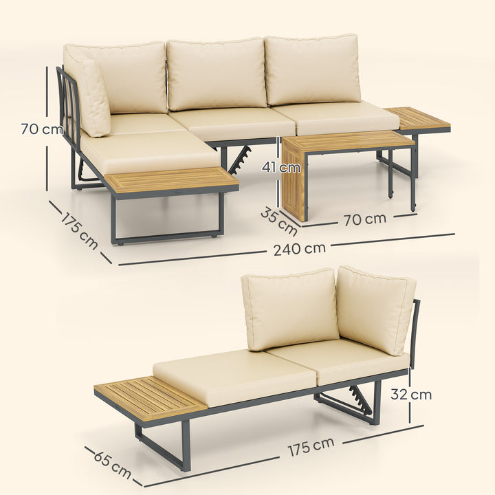 Conjunto de Móveis de Jardim Sofás de Exterior em Forma de L com 2 Sofás de 3 Lugares Assento Ajustável e Mesa de Madeira de Acácia Versátil com Almofadas Bege e Cinza