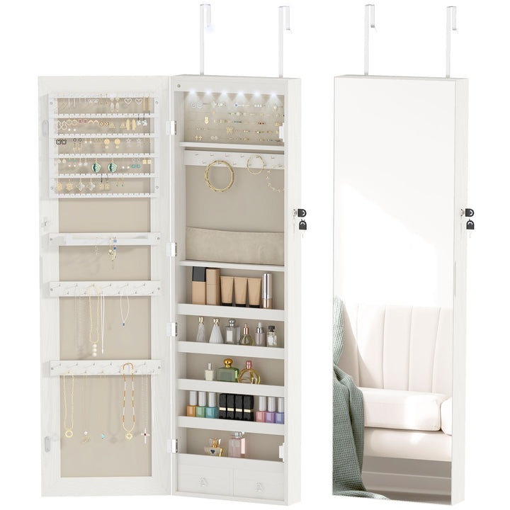 Espelho de Joias com Luz LED, Armário Montado na Parede ou Porta com Fechadura e Corpo Inteiro, Branco