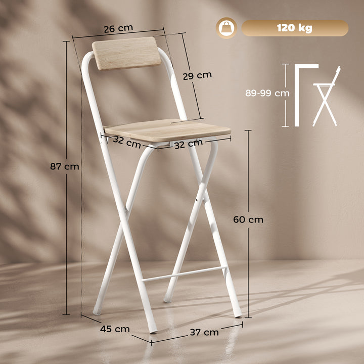 Conjunto de 2 Bancos de Bar Dobráveis Bancos Altos de Cozinha com Encosto Apoio para os Pés e Estrutura de Aço para Sala de Jantar Balcão 37x45x87 cm Madeira