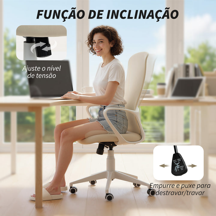 Cadeira de Escritório Giratória com Altura Ajustável Cadeira de Escritório Ergonómica com Apoio para os Braços Função de Inclinação e Encosto Alto 62x56x110-119,5 cm Bege