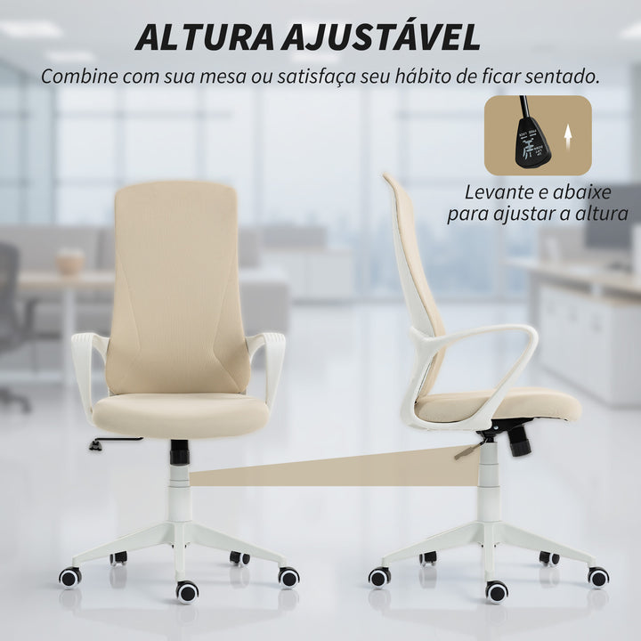 Cadeira de Escritório Giratória com Altura Ajustável Cadeira de Escritório Ergonómica com Apoio para os Braços Função de Inclinação e Encosto Alto 62x56x110-119,5 cm Bege