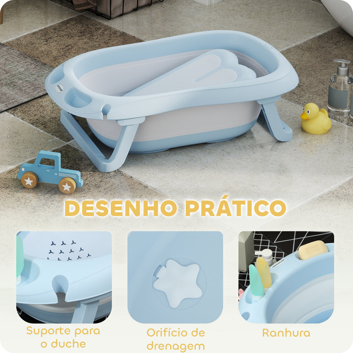 Banheira Dobrável para Bebé com Suporte Banheira Recém Nascido até 3 Anos com Orifício de Drenagem e Suporte para Duche 83x48x23,5 cm Azul Claro