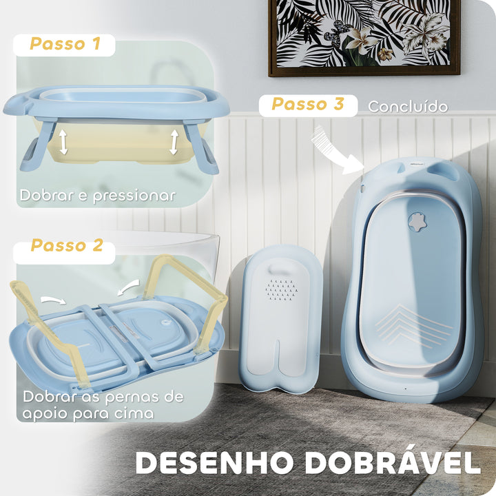 Banheira Dobrável para Bebé com Suporte Banheira Recém Nascido até 3 Anos com Orifício de Drenagem e Suporte para Duche 83x48x23,5 cm Azul Claro