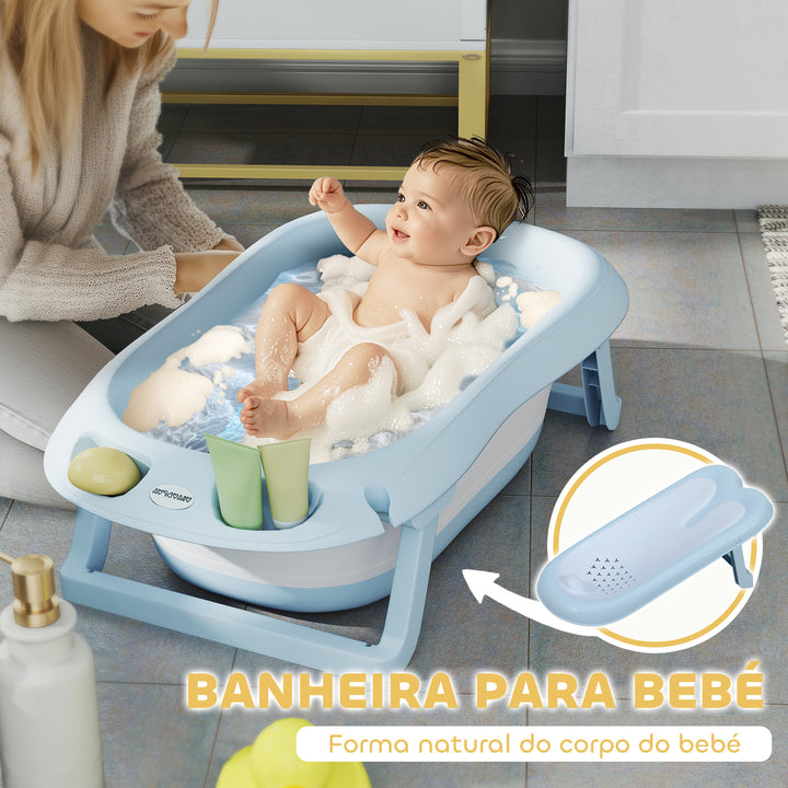 Banheira Dobrável para Bebé com Suporte Banheira Recém Nascido até 3 Anos com Orifício de Drenagem e Suporte para Duche 83x48x23,5 cm Azul Claro