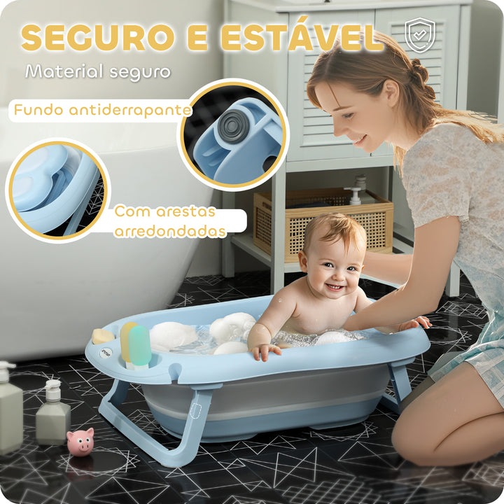 Banheira Dobrável para Bebé com Suporte Banheira Recém Nascido até 3 Anos com Orifício de Drenagem e Suporte para Duche 83x48x23,5 cm Azul Claro