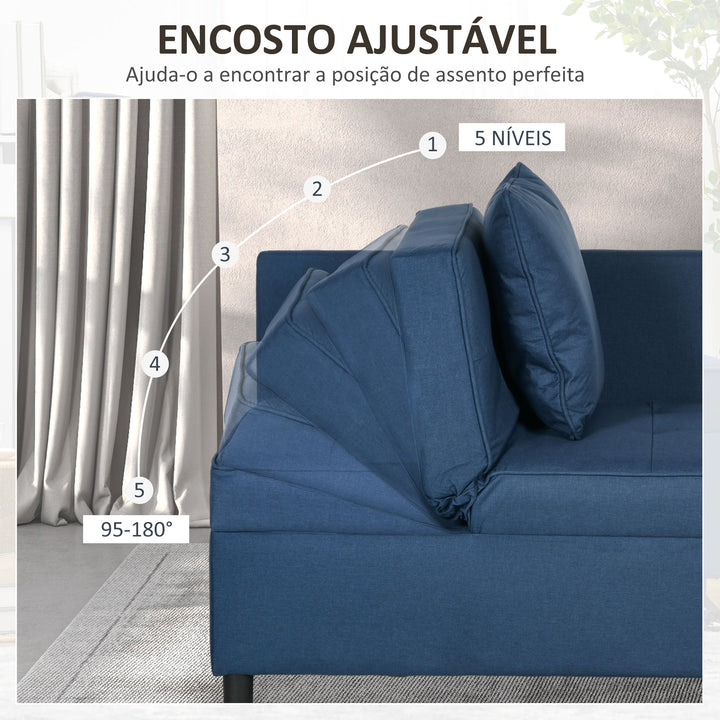 Sofá Cama 3 em 1 Sofá de 2 Lugares com Encosto Ajustável Sofá Cama Individual com Almofadas para Dormitório Sala de Estar 65x98x69 cm Azul