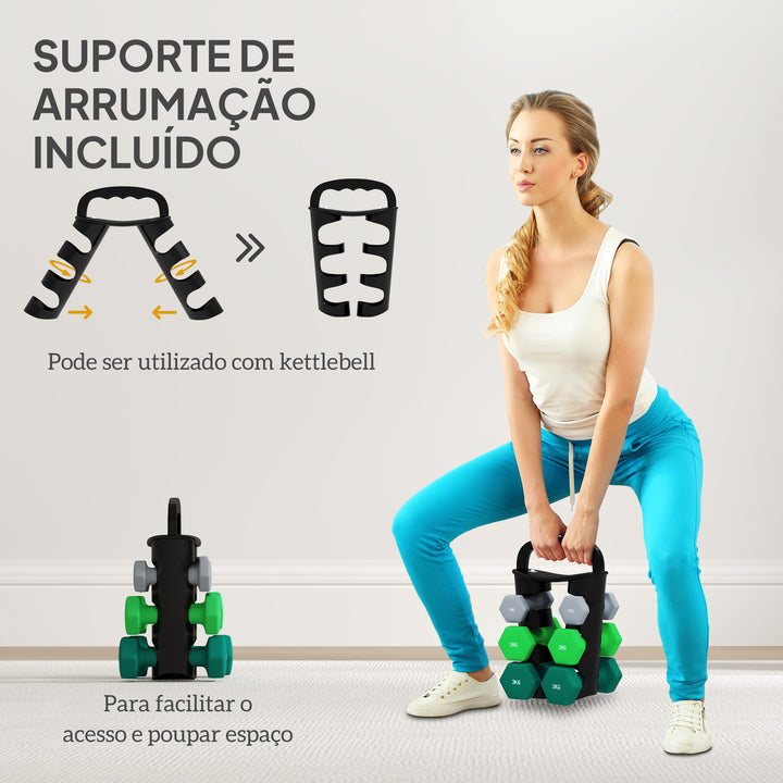 Conjunto de Halteres 2 x 1kg 2 x 2kg e 2 x 3kg Halteres Hexagonais com Suporte de Armazenamento para Treino em Casa Ginásio Multicor