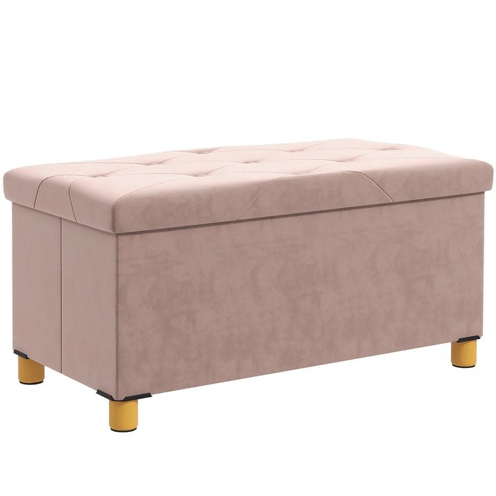 Banco de Armazenamento Dobrável Puff de Armazenamento Capacidade de 67 L Estofado em Veludo Baú de Armazenamento Quarto Carga 120 kg para Sala de Estar Entrada 76x38x38 cm Rosa Claro