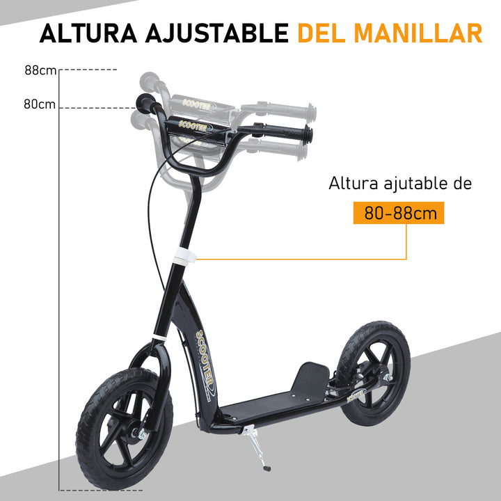 Trotinete para Crianças acima de 5 anos Scooter de 2 Rodas Grandes de 12 Polegadas com Freio e Guidão Ajustável em Altura Carga Máx. 100kg 120x52x80-88cm Preto