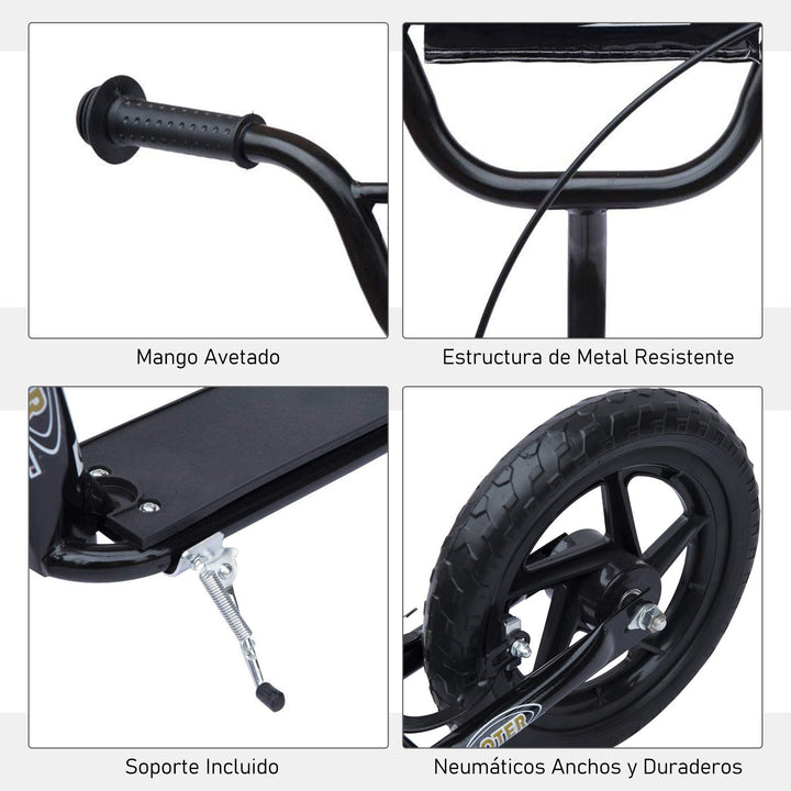 Trotinete para Crianças acima de 5 anos Scooter de 2 Rodas Grandes de 12 Polegadas com Freio e Guidão Ajustável em Altura Carga Máx. 100kg 120x52x80-88cm Preto