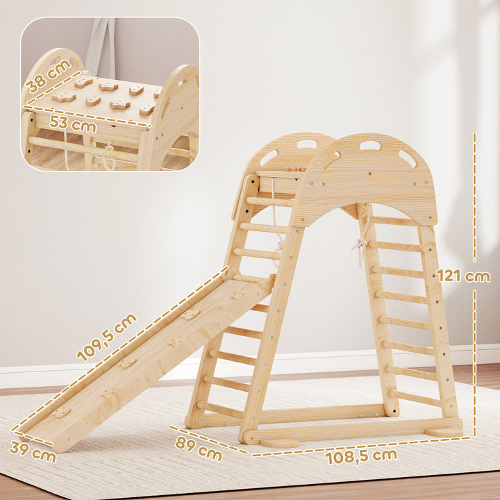 Triângulo de Escalada Montessori 6 em 1 Estrutura de Madeira com Plataforma Anéis e Escorrega para Escalar ou Deslizar para Crianças de 18-48 Meses Interiores Madeira