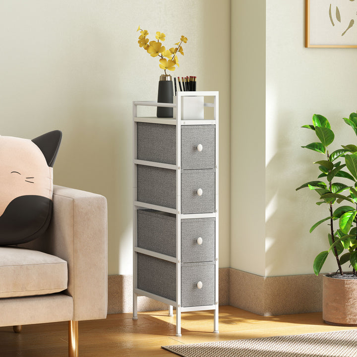 Móvel de Arrumação Estreito com 4 Gavetas de Tecido Cómoda para Quarto Estreita com Estrutura de Aço para Espaços Pequenos Sala de Estar Closet Casa de Banho 20x43x81,5 cm Cinzento Claro