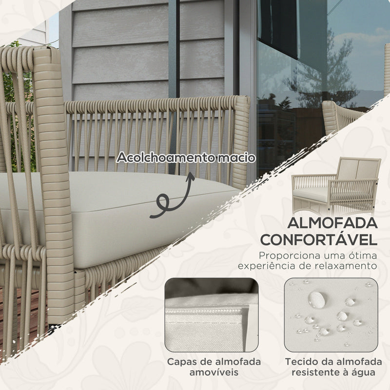 Conjunto de Móveis de Jardim de Vime Conjunto de 4 Peças de Móveis de Varanda com 1 Sofá de 2 Lugares 2 Poltronas Almofadas e Mesa de Centro com Bancada de Vidro para Pátio Cáqui