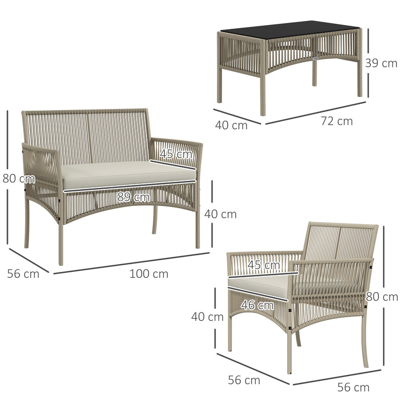 Conjunto de Móveis de Jardim de Vime Conjunto de 4 Peças de Móveis de Varanda com 1 Sofá de 2 Lugares 2 Poltronas Almofadas e Mesa de Centro com Bancada de Vidro para Pátio Cáqui