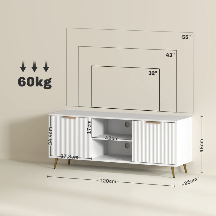 Móvel de TV Moderno Móvel de TV para Sala de Estar com 2 Compartimentos Abertos e 2 Portas Móvel para Televisores de 55 Polegadas 120x35x48 cm Branco