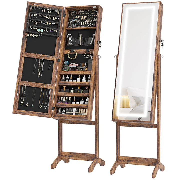 Joalheiro de Pé Armário para Jóias com Fita de Luz LED e Fechadura Magnética Organizador de Jóias com Prateleiras Ranhuras para Anéis Brincos 46x36,5x151,5 cm Madeira