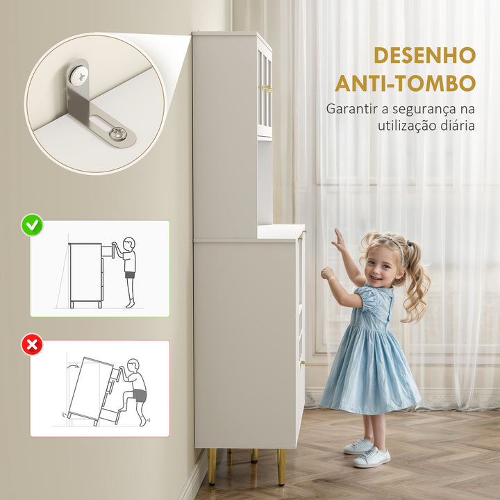 Armário de Cozinha Móvel Auxiliar de Cozinha Armário Alto com 3 Portas de Vidro Suporte para Garrafas Gaveta Prateleiras Ajustáveis e Compartimentos Abertos 100x40x180 cm Branco