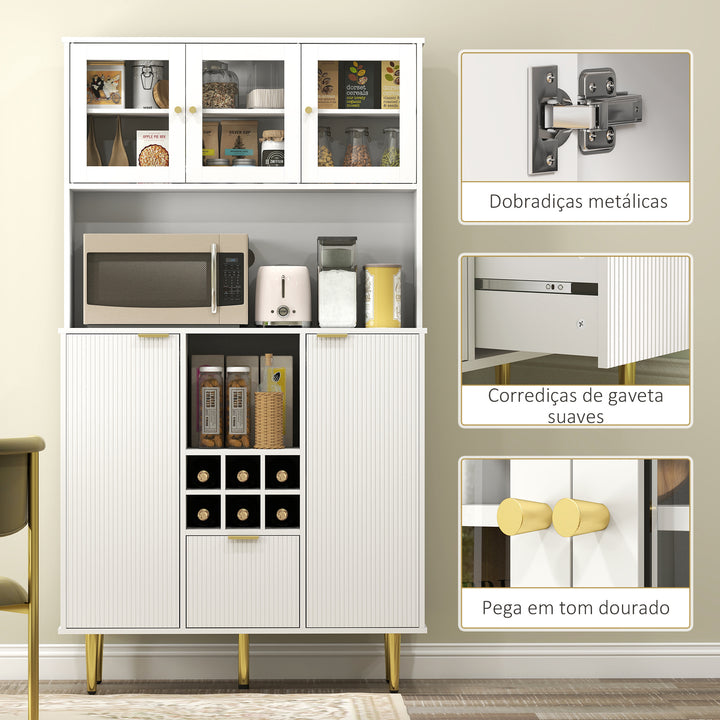 Armário de Cozinha Móvel Auxiliar de Cozinha Armário Alto com 3 Portas de Vidro Suporte para Garrafas Gaveta Prateleiras Ajustáveis e Compartimentos Abertos 100x40x180 cm Branco