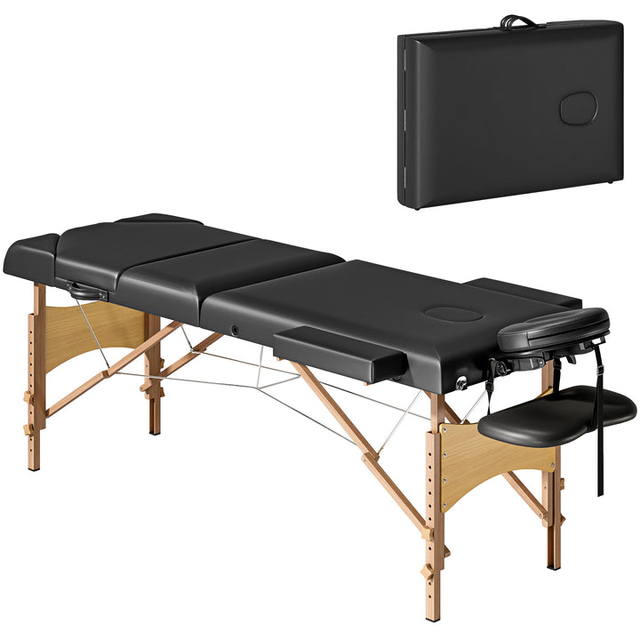 Marquesa de Massagem Dobrável Portátil Marquesa Estética Profissional em Madeira de 3 Zonas com Altura Ajustável Apoio de Cabeça Apoios de Braço Acolchoados 215x60x64-89 cm Preto
