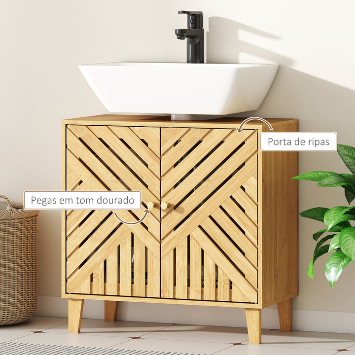 Móvel para Lavatório Pousar em Bambu Móvel de Casa de Banho com 2 Portas Ripadas e Prateleira Ajustável Armário de Casa de Banho para Lavatório sem Pedestal Estilo Nórdico 60x30x60 cm Madeira