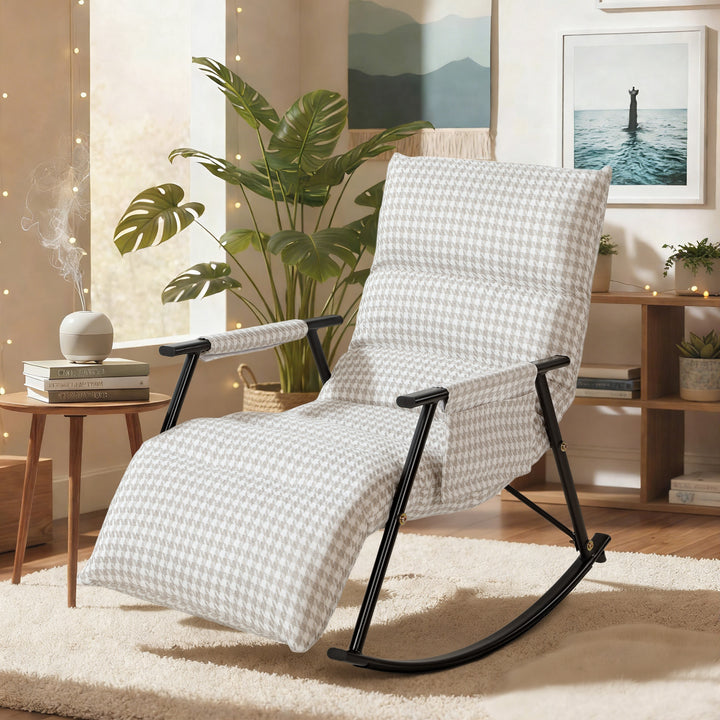 Poltrona Baloiço com Encosto e Apoia-Pés Ajustáveis Poltrona Baloiço 105° Estofada em Linho com Bolso Lateral e Estrutura de Metal Suporta 120 kg para Quarto Sala Cinzento e Branco