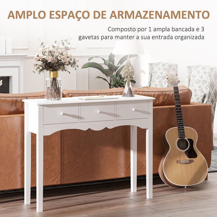 Mesa consola tipo aparador com 3 Gavetas em Cor Branco e Material Madeira 100x32x85cm