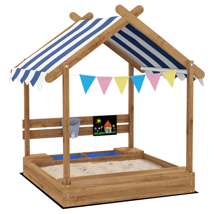 Caixa de Areia para Crianças de Madeira Caixa de Areia Infantil com Toldo 6 Bandeirinhas Torneira e Ardósia em Forma de Casa para Pátio Jardim 124x116x146 cm Castanho