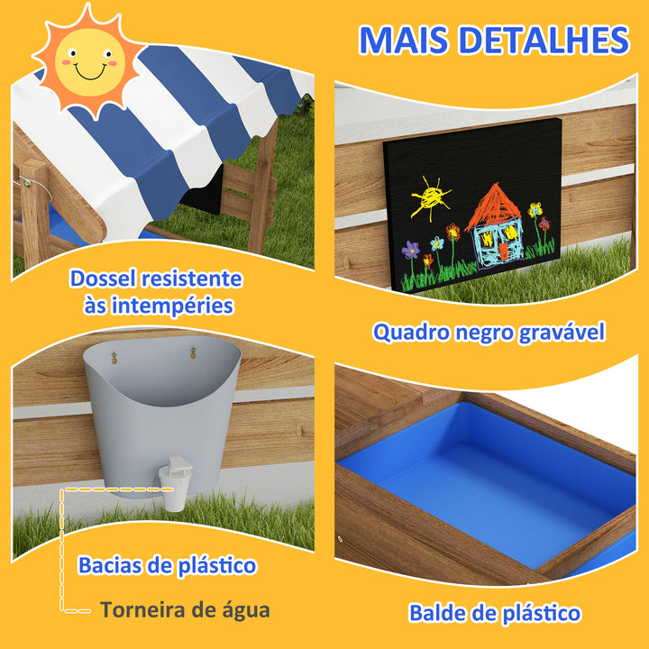 Caixa de Areia para Crianças de Madeira Caixa de Areia Infantil com Toldo 6 Bandeirinhas Torneira e Ardósia em Forma de Casa para Pátio Jardim 124x116x146 cm Castanho