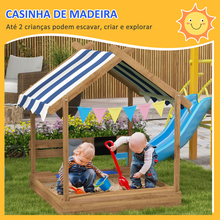Caixa de Areia para Crianças de Madeira Caixa de Areia Infantil com Toldo 6 Bandeirinhas Torneira e Ardósia em Forma de Casa para Pátio Jardim 124x116x146 cm Castanho