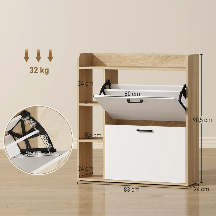 Sapateira Estreita 2 Portas Sapateira para Entrada Corredor com 3 Prateleiras Laterais e Prateleiras Ajustáveis para 15 Pares de Sapatos Para Corredor Espaço Reduzido 83x24x90,5 cm Madeira e Branco