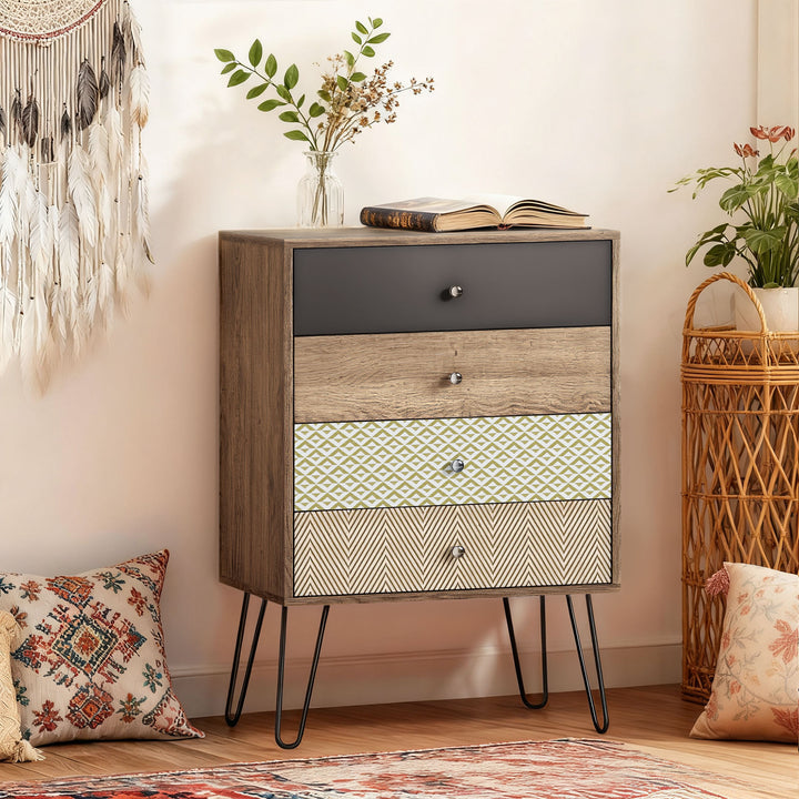 Cómoda 4 Gavetas Cómoda para Quarto com Pés em Forma de V de Aço Cómoda para Sala de Estar Escritório Estilo Boémio 60x39x86 cm Multicor