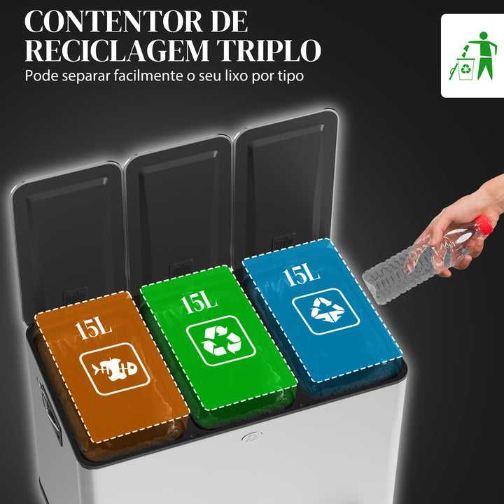 Balde de Lixo de Cozinha com 3 Compartimentos 3x15L Cubo de Lixo de Aço Inoxidável com Pedais Tampas com Fechamento Suave e Cubo Amovível para Escritório Cozinha Prata