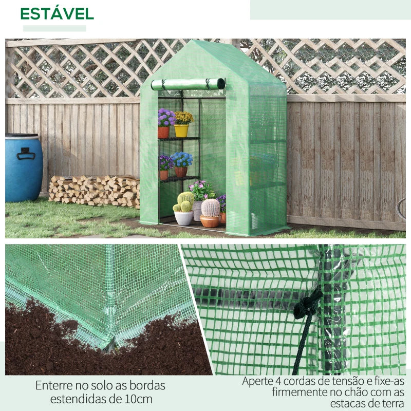 Estufa de Jardim 140x70x190cm Estufa com 4 Prateleiras Porta Enrolável Cobertura de PE 140g/m² e Estrutura de Aço para Cultivos de Plantas Flores Verde