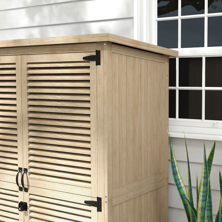 Armário de Jardim de Madeira 0,83 m² 127x65x168 cm Armário Exterior de Madeira com 2 Portas de Persiana 2 Prateleiras 2 Alças e Telhado Impermeável Natural