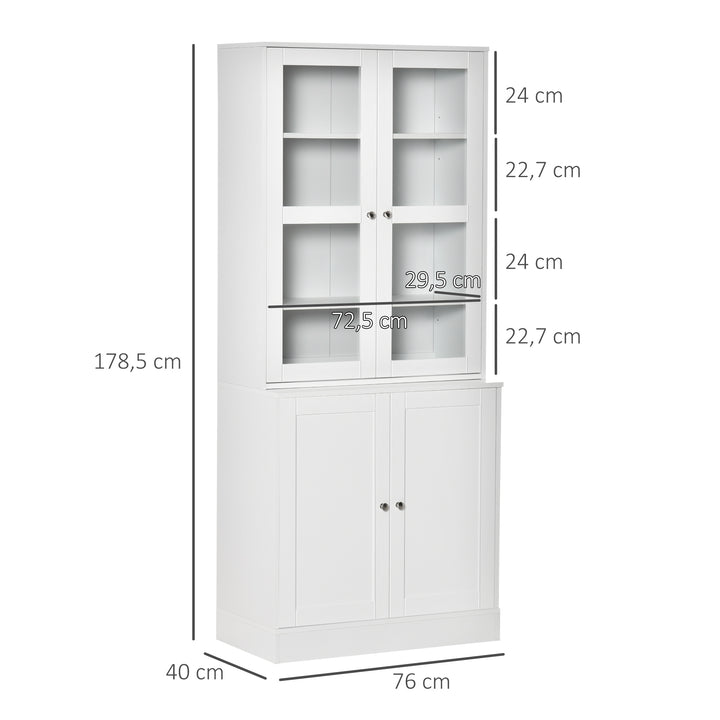 Vitrine para Sala de Estar Estante de Livros com 4 Portas e Prateleiras Superiores com Altura Ajustável Estilo Moderno Multiúso para Cozinha Escritório Dormitório 76x40x178,5 Branco