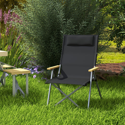 Cadeira de Campismo Dobrável de Alumínio com Encosto Ajustável e Apoios de Braço de Madeira Cadeira de Jardim Portátil com Bolsa de Transporte para Exterior Piscina Praia 74x59,5x98 cm Preto