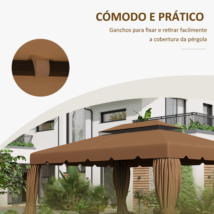 Cobertura de Substituição para Pérgola 4x3 m Teto de Substituição para Pérgolas Exterior com Duplo Teto e 8 Orifícios de Drenagem Café