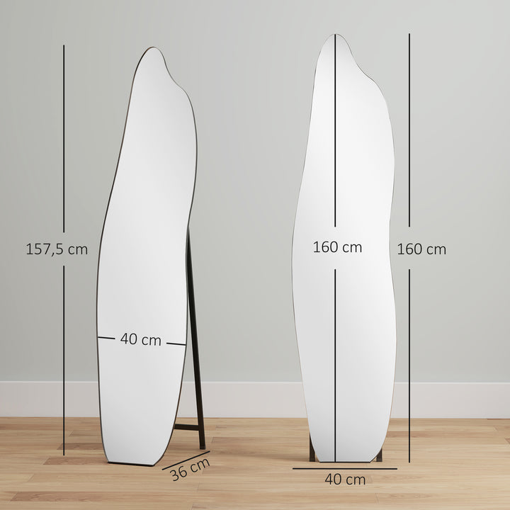 Espelho de Pé 160x40 cm sem Moldura Espelho de Corpo Inteiro Forma Irregular com Suporte Metálico Montagem no Chão ou Apoiado na Parede para Sala Entrada e Quarto Preto