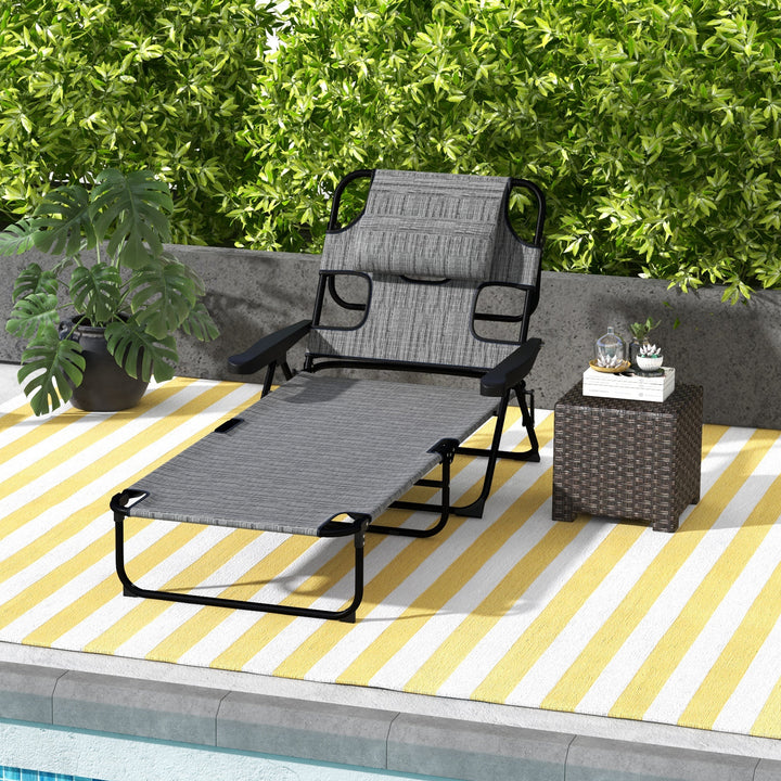 Espreguiçadeira Dobrável Espreguiçadeira de Jardim com Encosto Ajustável em 4 Níveis Orifício de Leitura e Almofada de Apoio à Cabeça para Terraço Piscina 194x72x31 cm Cinza