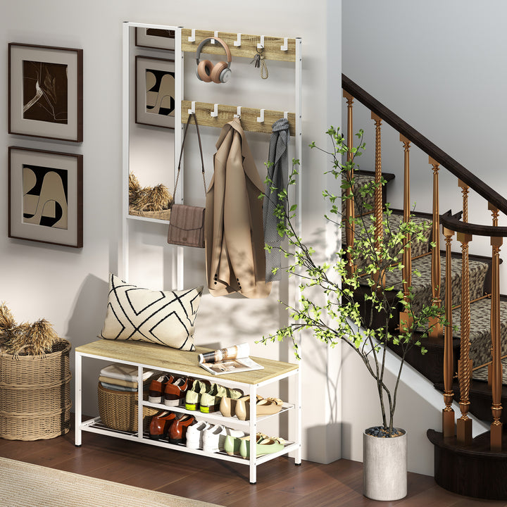 Móvel Cabide de Entrada com Espelho e Sapateira 4 em 1 com 3 Prateleiras Banco 10 Ganchos Ajustáveis Estilo Moderno para Corredor Quarto Sala de Estar 98x34x186 cm Madeira
