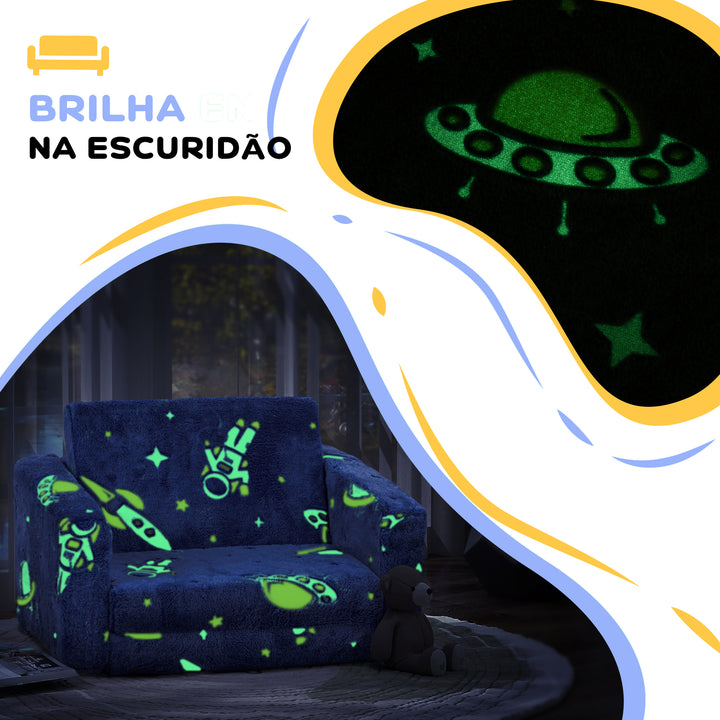 Poltrona para Crianças Dobrável Sofá Infantil Reclinável 2 em 1 Sofá para Crianças Estofado em Tecido Luminoso com Desenho Espacial e Capa Lavável para Dormitório Sala de Estar Azul