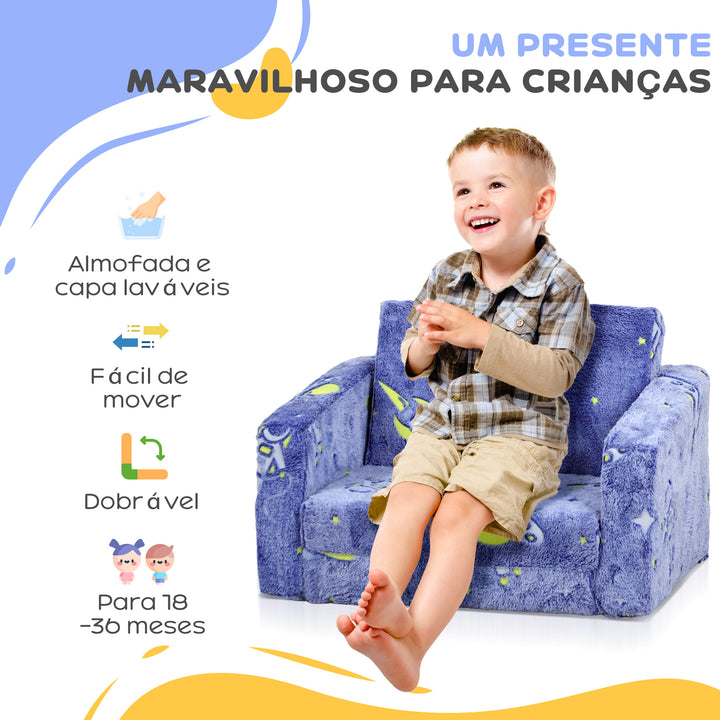 Poltrona para Crianças Dobrável Sofá Infantil Reclinável 2 em 1 Sofá para Crianças Estofado em Tecido Luminoso com Desenho Espacial e Capa Lavável para Dormitório Sala de Estar Azul