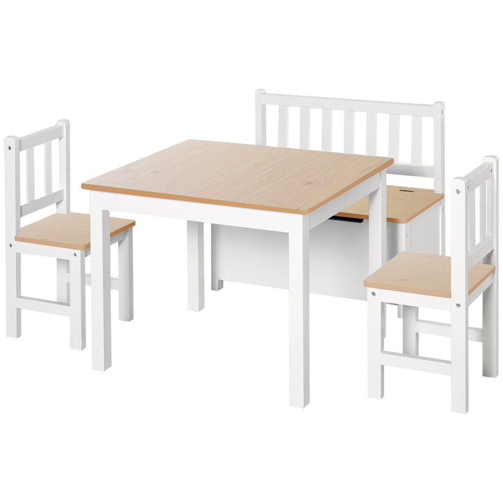 Conjunto Infantil de Mesa 2 Cadeiras e Banco com Armazenamento Móveis Infantil para Sala de Jogos Dormitório Branco e Natural