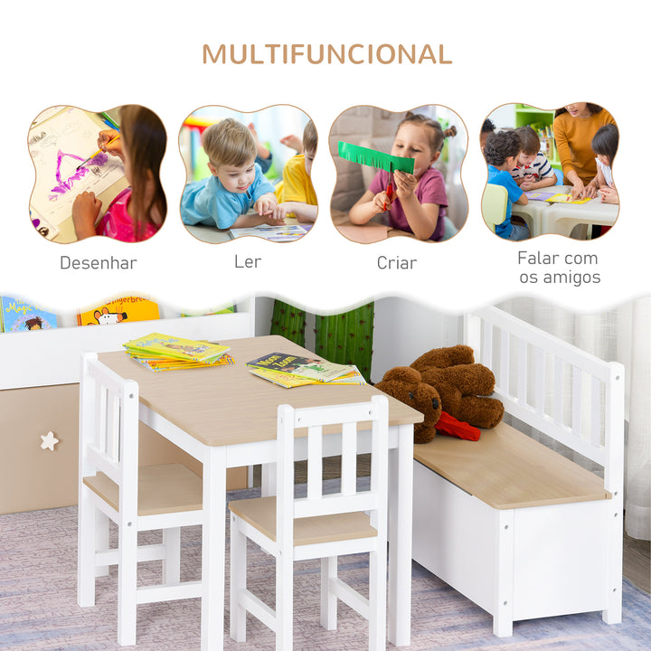 Conjunto Infantil de Mesa 2 Cadeiras e Banco com Armazenamento Móveis Infantil para Sala de Jogos Dormitório Branco e Natural
