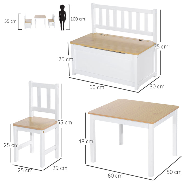 Conjunto Infantil de Mesa 2 Cadeiras e Banco com Armazenamento Móveis Infantil para Sala de Jogos Dormitório Branco e Natural