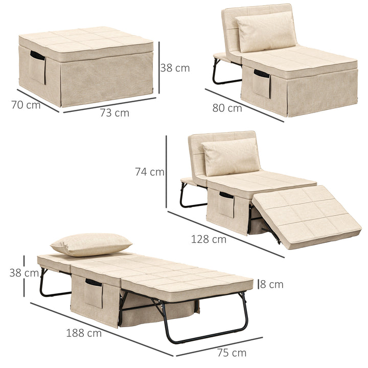 Sofá Cama 4 em 1 Poltrona Cama Desdobrável Estofado em Linho com Encosto Ajustável em 5 Níveis e Almofada Acolchoada para Escritório, Quarto Sala 75x80x74 cm Creme