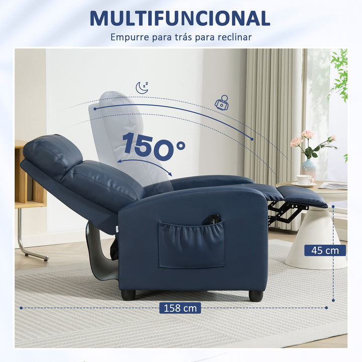 Poltrona de Massagem Poltrona Relax Reclinável com 2 Zonas de Massagem 8 Programas 5 Níveis de Intensidade e Controlo Remoto Estofada em PU 68x88x98 cm Azul Escuro