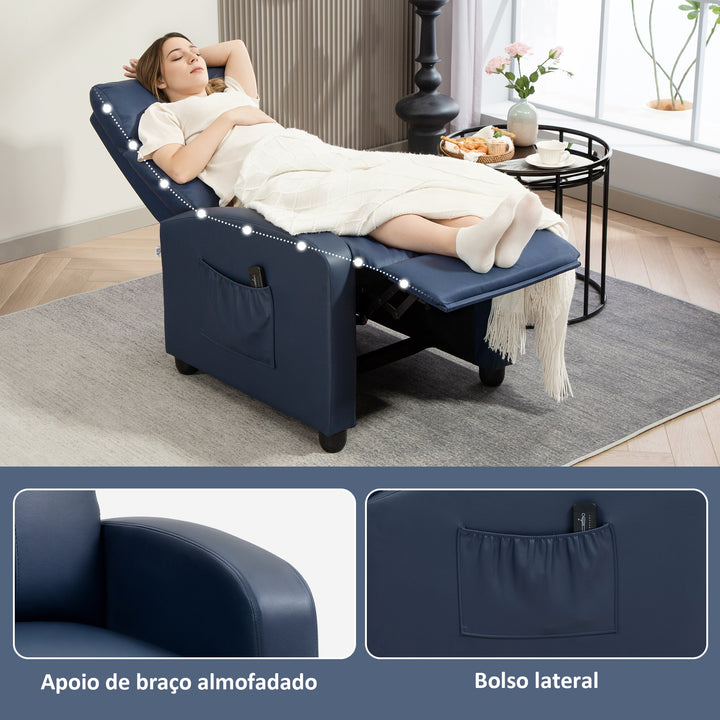 Poltrona de Massagem Poltrona Relax Reclinável com 2 Zonas de Massagem 8 Programas 5 Níveis de Intensidade e Controlo Remoto Estofada em PU 68x88x98 cm Azul Escuro