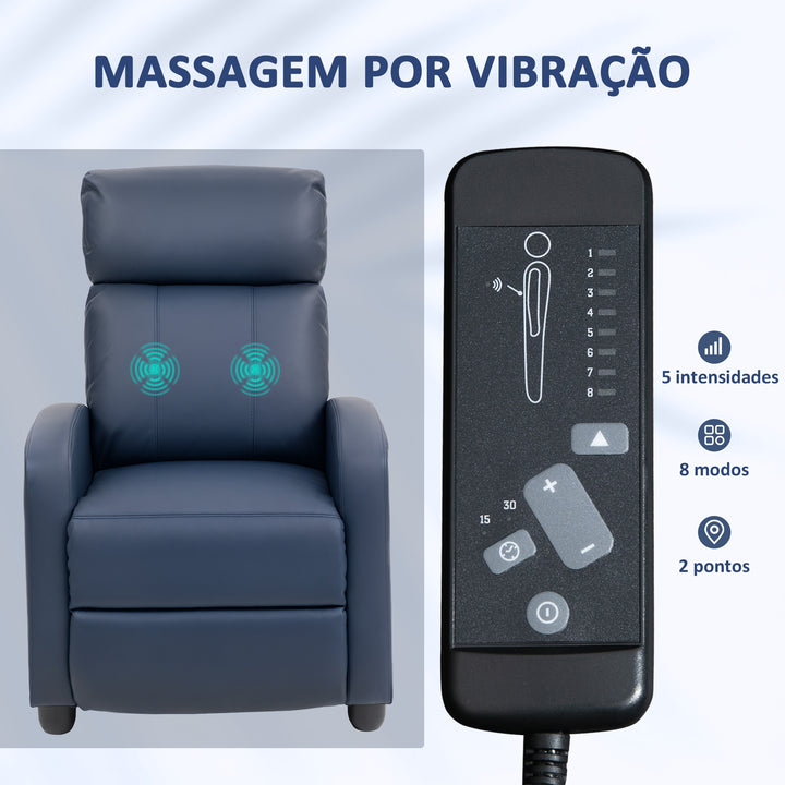 Poltrona de Massagem Poltrona Relax Reclinável com 2 Zonas de Massagem 8 Programas 5 Níveis de Intensidade e Controlo Remoto Estofada em PU 68x88x98 cm Azul Escuro